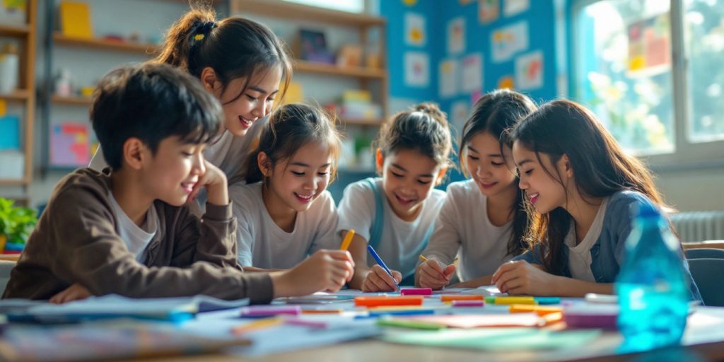 Kelas yang ceria dengan siswa yang belajar bersama.