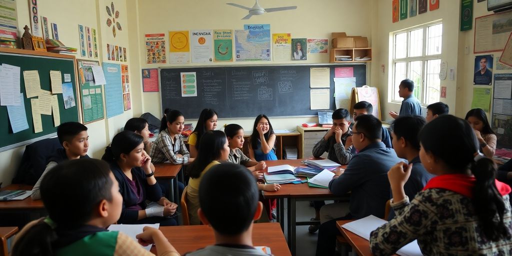 Kelas yang beragam dengan siswa dan guru aktif.