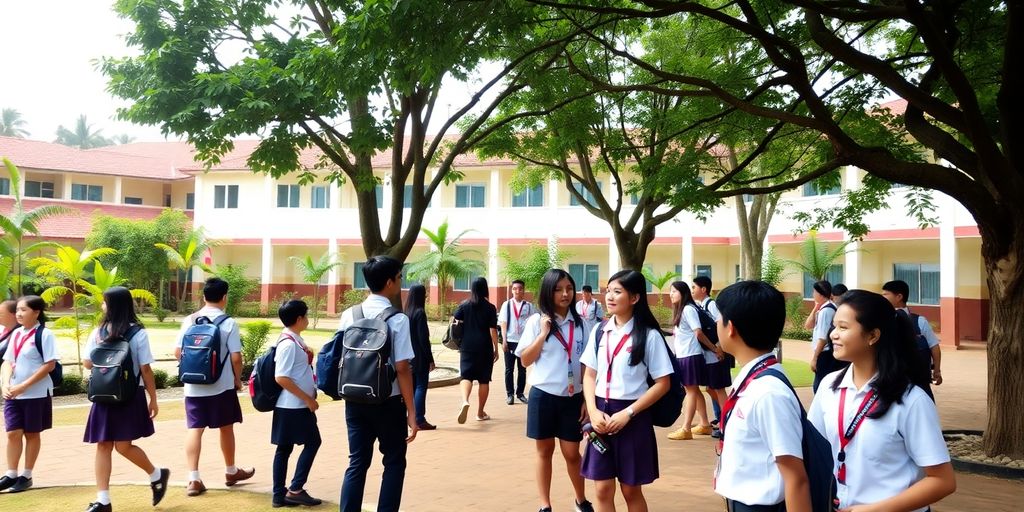 Siswa SMA berinteraksi di lingkungan sekolah yang cerah.