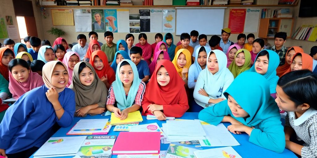 Kelas yang ramai dengan siswa beragam sedang belajar.