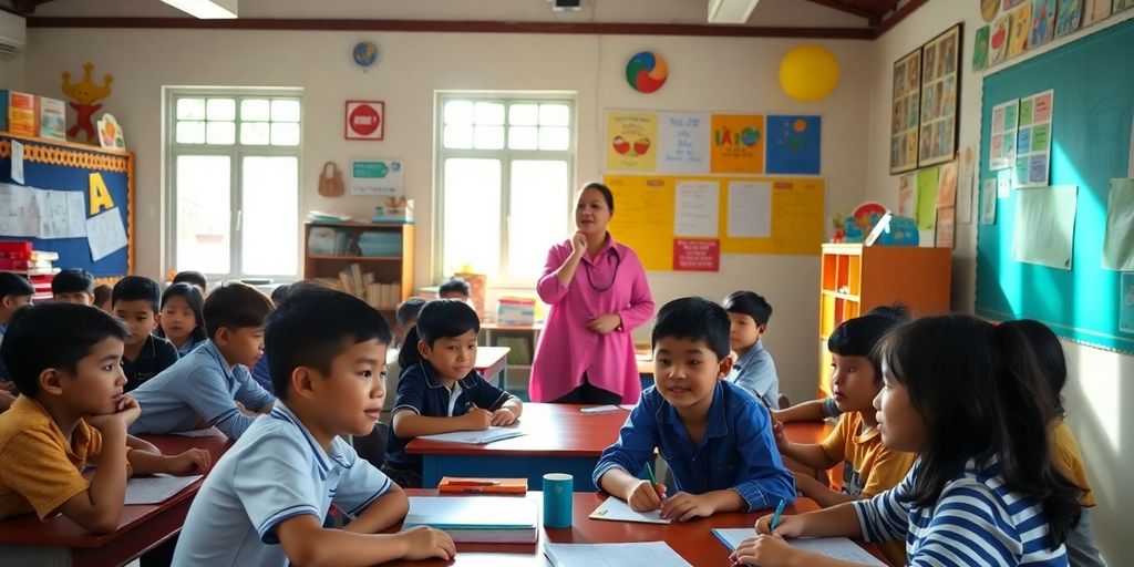 Ruang kelas yang beragam dengan siswa belajar bersama.