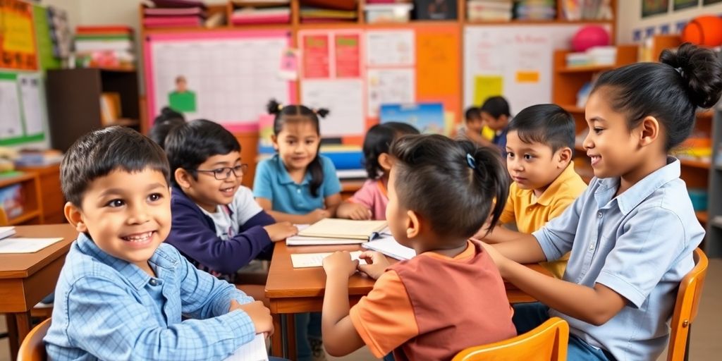 Ruang kelas yang ceria dengan siswa yang berinteraksi.